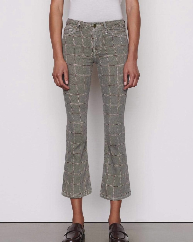 Front of a model wearing a size O/S Le Cropped Mini Boot Cut Jean In Window Pane Plaid in Window Pane Plaid by FRAME. | dia_product_style_image_id:359427